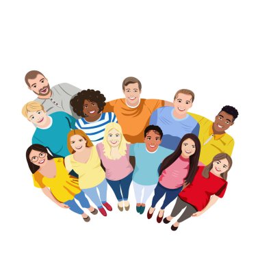 Çok kültürlü insanlar bir arada durur, sarılır ve yukarı bakar. Beyaz arka planda çizgi film karakterleri. Düz biçimli vektör illüstrasyonu