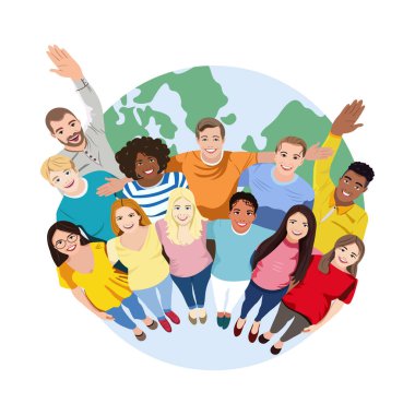 Çok kültürlü insanlar bir arada durur, sarılır ve yukarı bakar. Beyaz arka planda çizgi film karakterleri. Düz biçimli vektör illüstrasyonu