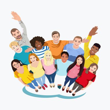 Çok kültürlü insanlar bir arada durur, sarılır ve yukarı bakar. Beyaz arka planda çizgi film karakterleri. Düz biçimli vektör illüstrasyonu