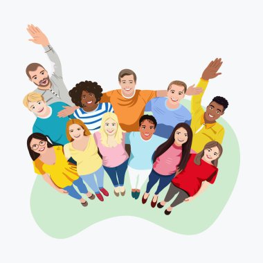 Çok kültürlü insanlar bir arada durur, sarılır ve yukarı bakar. Beyaz arka planda çizgi film karakterleri. Düz biçimli vektör illüstrasyonu