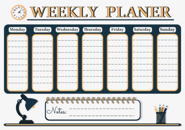 Bir öğrenci ya da işçiler için haftalık bir planlamacı. Okul Masa Şablonu 'nda beyaz arka planda lamba, saat ve kalem var. Çizgi film tarzında vektör illüstrasyonu.