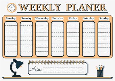 Bir öğrenci ya da işçiler için haftalık bir planlamacı. Okul Masa Şablonu 'nda beyaz arka planda lamba, saat ve kalem var. Çizgi film tarzında vektör illüstrasyonu.