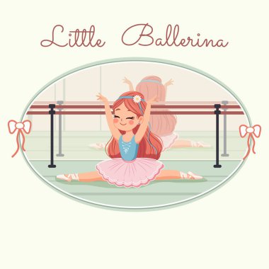 Pembe ve mavi elbiseli güzel ve nazik balerin kız balerinler salonunda aynayla ikiye ayrılıyor. Poster, Banner, Flyer, tebrik kartı. Çizgi film tarzında vektör illüstrasyonu