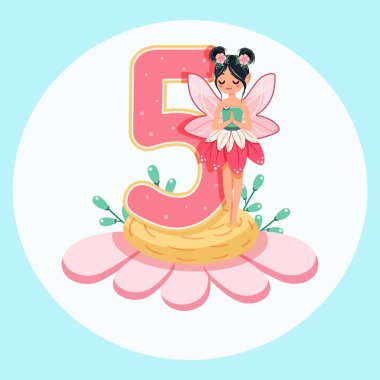 Şirin ve mütevazı peri beyaz arka planda 5 numara olan güzel bir çiçeğin üzerinde duruyor. Flora ve Fauna. Doğum günü, Banner, Flyer, tebrik kartı. Çizgi film tarzında vektör illüstrasyonu