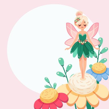 Beyaz arka planda çiçekli elbisesi olan sevimli ve mütevazı orman perisi. Poster, Banner, Flyer, tebrik kartı. Çizgi film tarzında vektör illüstrasyonu