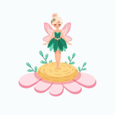 Beyaz arka planda çiçekli elbisesi olan sevimli ve mütevazı orman perisi. Poster, Banner, Flyer, tebrik kartı. Çizgi film tarzında vektör illüstrasyonu