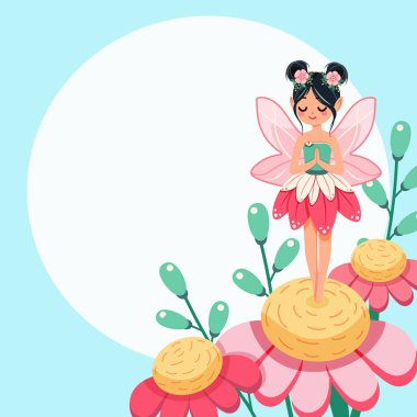 Beyaz arka planda çiçekli elbisesi olan sevimli ve mütevazı orman perisi. Poster, Banner, Flyer, tebrik kartı. Çizgi film tarzında vektör illüstrasyonu