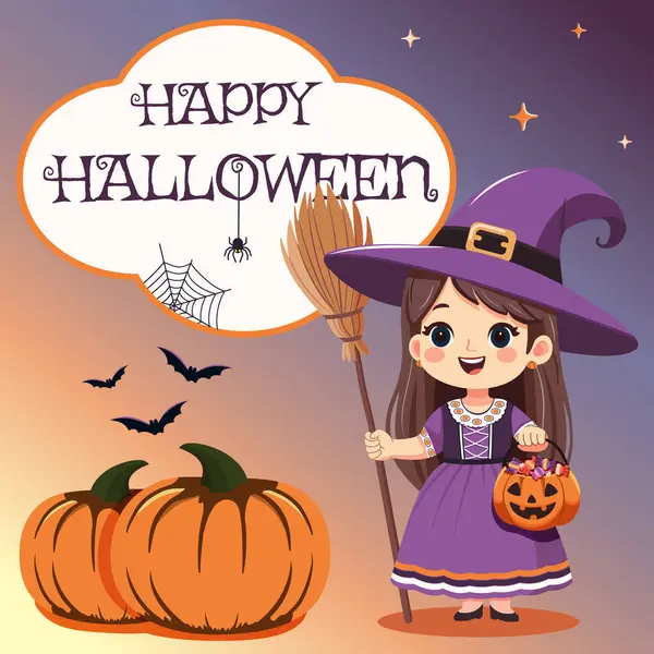 Süpürge ve şekerli balkabağı sepeti olan cadı kostümlü tatlı bir kız. Mutlu Cadılar Bayramı tebrik kartları. Düz çizgi film tarzında Vektör İllüstrasyonu