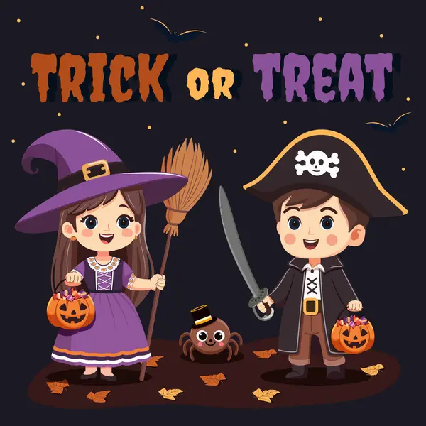 Cadı kostümlü tatlı kız ve şekerli balkabağı sepetli erkek korsan. Mutlu Cadılar Bayramı şakası için çizgi film karakteri. Düz çizgi film tarzında Vektör İllüstrasyonu
