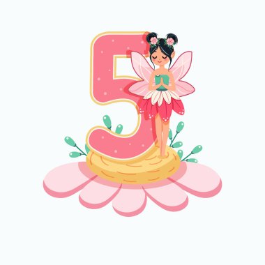 Şirin ve mütevazı peri beyaz arka planda 5 numara olan güzel bir çiçeğin üzerinde duruyor. Flora ve Fauna. Doğum günü, Banner, Flyer, tebrik kartı. Çizgi film tarzında vektör illüstrasyonu