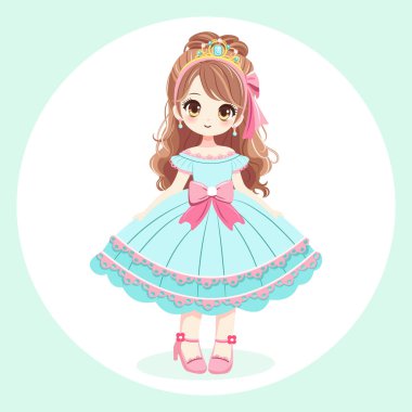 Pembe elbiseli ve tacı olan güzel gözlü şirin prenses. Çizgi film tarzında vektör illüstrasyonu
