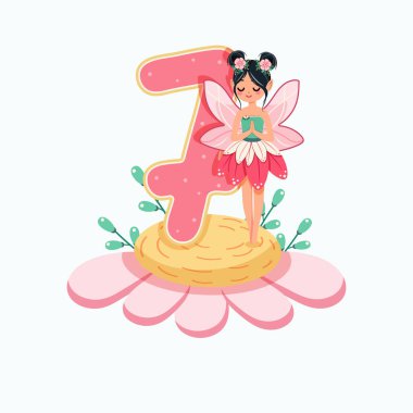 Şirin ve mütevazı peri güzel bir çiçeğin üzerinde durur. Beyaz arka planda 7 numara vardır. Flora ve Fauna. Doğum günü, Banner, Flyer, tebrik kartı. Çizgi film tarzında vektör illüstrasyonu