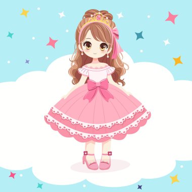 Pembe elbiseli ve tacı olan güzel gözlü şirin prenses. Çizgi film tarzında vektör illüstrasyonu