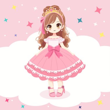 Pembe elbiseli ve tacı olan güzel gözlü şirin prenses. Çizgi film tarzında vektör illüstrasyonu