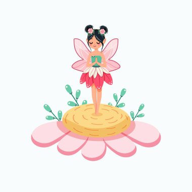 Beyaz arka planda çiçekli elbisesi olan sevimli ve mütevazı orman perisi. Poster, Banner, Flyer, tebrik kartı. Çizgi film tarzında vektör illüstrasyonu