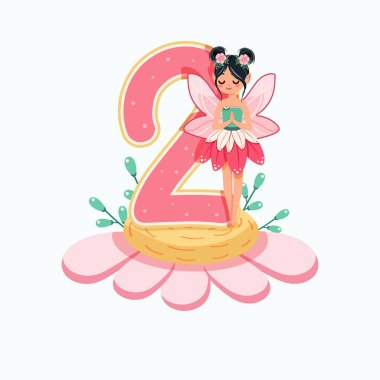 Şirin ve mütevazı peri beyaz arka planda 2 numaralı çiçeğin üzerinde duruyor. Flora ve Fauna. Doğum günü, Banner, Flyer, tebrik kartı. Çizgi film tarzında vektör illüstrasyonu