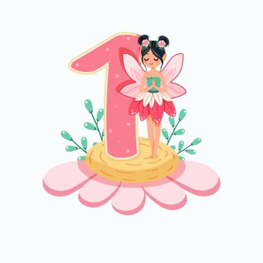 Şirin ve mütevazı peri beyaz arka planda bir numara olan güzel bir çiçeğin üzerinde duruyor. Flora ve Fauna. Doğum günü, Banner, Flyer, tebrik kartı. Çizgi film tarzında vektör illüstrasyonu