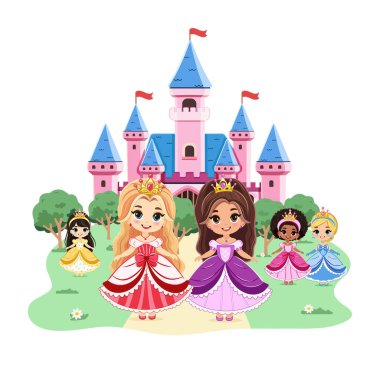 Güzel gözleri ve altın tacı olan şirin küçük prensesler kalenin önünde duruyor. Poster, Banner, Flyer, tebrik kartı. Çizgi film tarzında vektör illüstrasyonu