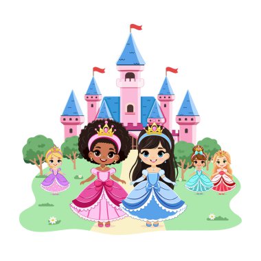 Güzel gözleri ve altın tacı olan şirin küçük prensesler kalenin önünde duruyor. Poster, Banner, Flyer, tebrik kartı. Çizgi film tarzında vektör illüstrasyonu