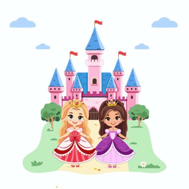Güzel gözleri ve altın tacı olan şirin küçük prensesler kalenin önünde duruyor. Poster, Banner, Flyer, tebrik kartı. Çizgi film tarzında vektör illüstrasyonu