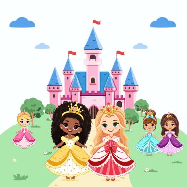 Güzel gözleri ve altın tacı olan şirin küçük prensesler kalenin önünde duruyor. Poster, Banner, Flyer, tebrik kartı. Çizgi film tarzında vektör illüstrasyonu