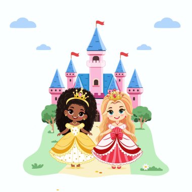 Güzel gözleri ve altın tacı olan şirin küçük prensesler kalenin önünde duruyor. Poster, Banner, Flyer, tebrik kartı. Çizgi film tarzında vektör illüstrasyonu
