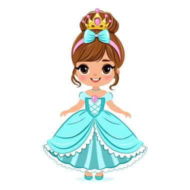 Mavi elbiseli ve altın taclı güzel gözlü şirin küçük prenses. Beyaz arkaplanda izole et, vektör illüstrasyonuName