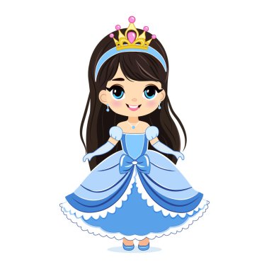 Mavi elbiseli ve altın taclı güzel gözlü şirin küçük prenses. Beyaz arkaplanda izole et, vektör illüstrasyonuName