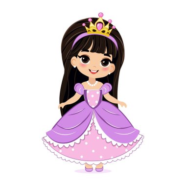 Menekşe elbiseli ve altın taclı güzel gözlü şirin küçük prenses. Beyaz arkaplanda izole et, vektör illüstrasyonuName