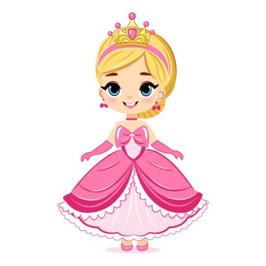 Pembe elbiseli ve altın taclı güzel gözlü şirin küçük prenses. Beyaz arkaplanda izole et, vektör illüstrasyonuName