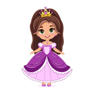 Elbiseli ve altın taclı güzel gözlü şirin küçük prenses. Beyaz arkaplanda izole et, vektör illüstrasyonuName