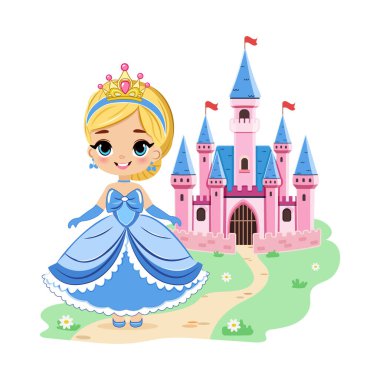Güzel gözleri ve altın tacı olan şirin küçük prenses kalenin önünde duruyor. Poster, Banner, Flyer, tebrik kartı. Çizgi film tarzında vektör illüstrasyonu