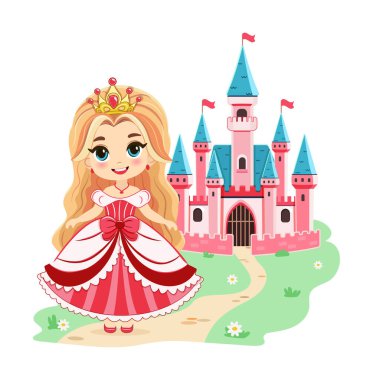 Güzel gözleri ve altın tacı olan şirin küçük prenses kalenin önünde duruyor. Poster, Banner, Flyer, tebrik kartı. Çizgi film tarzında vektör illüstrasyonu