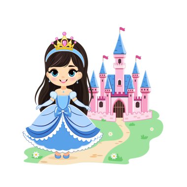 Güzel gözleri ve altın tacı olan şirin küçük prenses kalenin önünde duruyor. Poster, Banner, Flyer, tebrik kartı. Çizgi film tarzında vektör illüstrasyonu