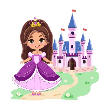 Güzel gözleri ve altın tacı olan şirin küçük prenses kalenin önünde duruyor. Poster, Banner, Flyer, tebrik kartı. Çizgi film tarzında vektör illüstrasyonu