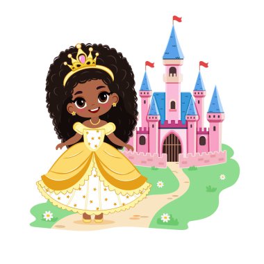 Güzel gözleri ve altın tacı olan şirin küçük prenses kalenin önünde duruyor. Poster, Banner, Flyer, tebrik kartı. Çizgi film tarzında vektör illüstrasyonu