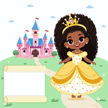 Şablon, güzel gözlü ve altın tacı kalenin önünde duran küçük şirin prensese ait. Poster, Banner, Flyer, tebrik kartı. Çizgi film tarzında vektör illüstrasyonu