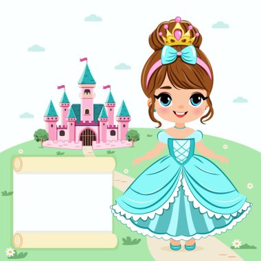Şablon, güzel gözlü ve altın tacı kalenin önünde duran küçük şirin prensese ait. Poster, Banner, Flyer, tebrik kartı. Çizgi film tarzında vektör illüstrasyonu