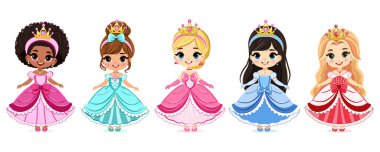 Pembe elbiseli ve altın taclı güzel gözlü şirin küçük prenses. Beyaz arkaplanda izole et, vektör illüstrasyonuName