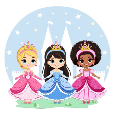 Farklı uluslardan şirin güzel gözleri ve altın tacı olan küçük prenses. Poster, Banner, Flyer, tebrik kartı. Çizgi film tarzında vektör illüstrasyonu