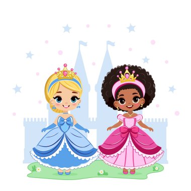 Farklı uluslardan şirin güzel gözleri ve altın tacı olan küçük prenses. Poster, Banner, Flyer, tebrik kartı. Çizgi film tarzında vektör illüstrasyonu