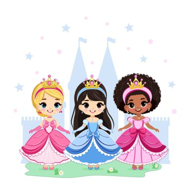 Farklı uluslardan şirin güzel gözleri ve altın tacı olan küçük prenses. Poster, Banner, Flyer, tebrik kartı. Çizgi film tarzında vektör illüstrasyonu