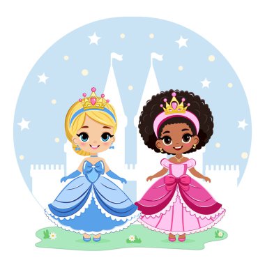 Farklı uluslardan şirin güzel gözleri ve altın tacı olan küçük prenses. Poster, Banner, Flyer, tebrik kartı. Çizgi film tarzında vektör illüstrasyonu