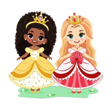 Farklı uluslardan şirin güzel gözleri ve altın tacı olan küçük prenses. Beyaz arkaplanda izole et. Poster, Banner, Flyer, tebrik kartı. Çizgi film tarzında vektör illüstrasyonu