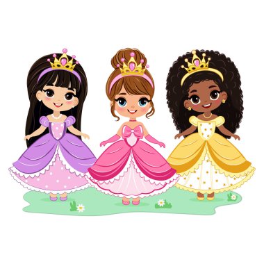 Farklı uluslardan şirin güzel gözleri ve altın tacı olan küçük prenses. Beyaz arkaplanda izole et. Poster, Banner, Flyer, tebrik kartı. Çizgi film tarzında vektör illüstrasyonu