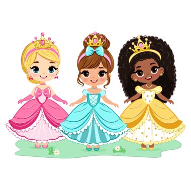 Farklı uluslardan şirin güzel gözleri ve altın tacı olan küçük prenses. Beyaz arkaplanda izole et. Poster, Banner, Flyer, tebrik kartı. Çizgi film tarzında vektör illüstrasyonu