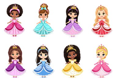 Farklı uluslardan şirin, güzel gözlü ve altın tacı olan küçük bir prenses. Poster, Banner, Flyer, tebrik kartı. Çizgi film tarzında vektör illüstrasyonu