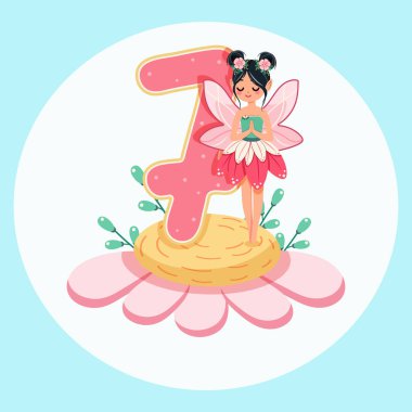 Şirin ve mütevazı peri güzel bir çiçeğin üzerinde durur. Beyaz arka planda 7 numara vardır. Flora ve Fauna. Doğum günü, Banner, Flyer, tebrik kartı. Çizgi film tarzında vektör illüstrasyonu