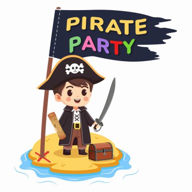 Beyaz arka planda doğum günü korsan partisi için davetiye şablonu. Kılıcı ve haritası olan yakışıklı bir çocuk. Sandık ve bayrakla adada. Çizgi film karakteri düz stil. Vektör illüstrasyonu