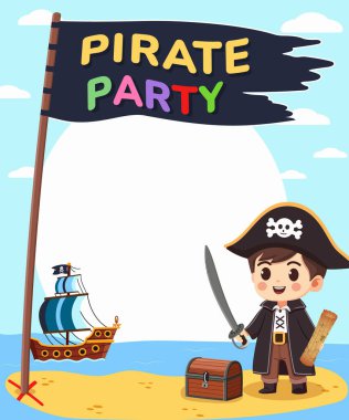 Doğum günü korsan partisi için davetiye şablonu. Kılıcı ve haritası olan yakışıklı bir çocuk. Sandık ve bayrakla adada. Çizgi film karakteri düz stil. Vektör illüstrasyonu